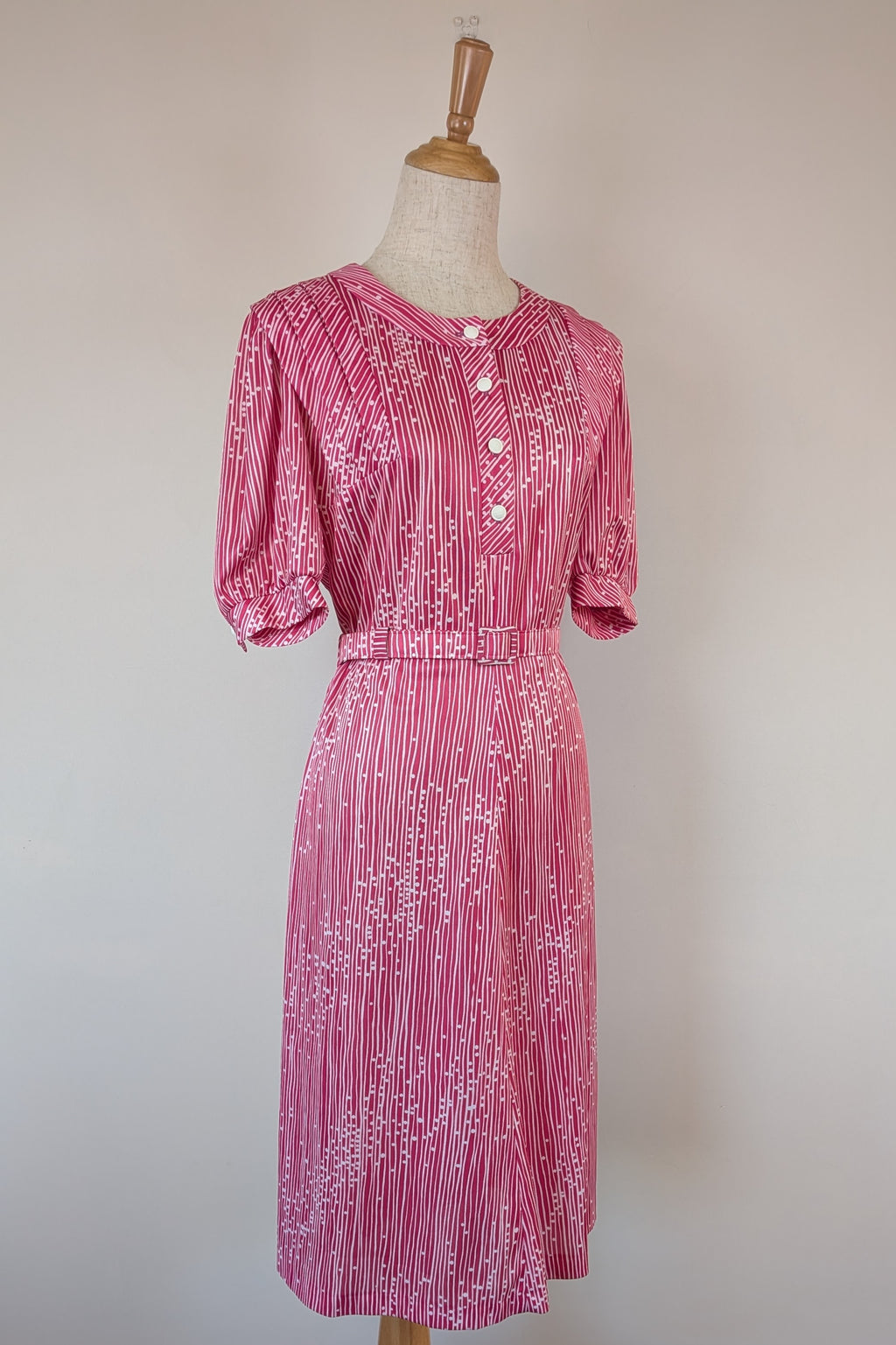 Vintage 80s Debra Fashions Melbourne Pink & White Abstract Pattern Shirtwaister Dress Size 10/12
