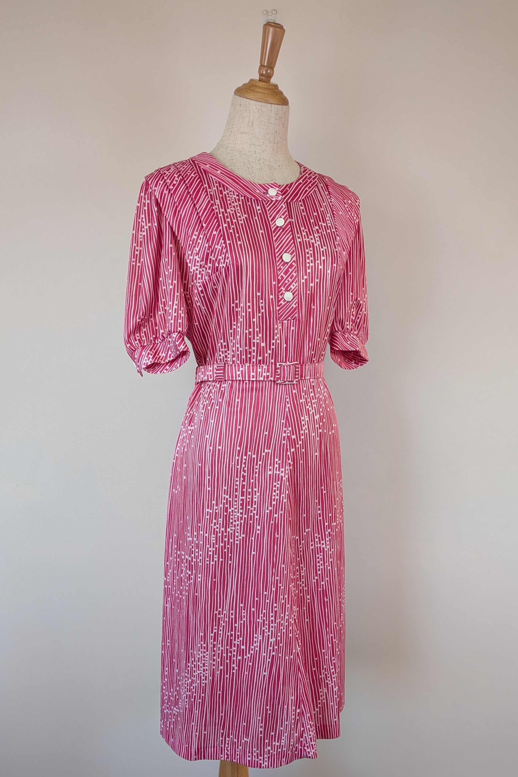 Vintage 80s Debra Fashions Melbourne Pink & White Abstract Pattern Shirtwaister Dress Size 10/12