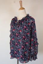 Liz Jordan Designer Collection Frill Trim Lurex Printed Top in Midnight Size 8 BNWT RRP $139.99