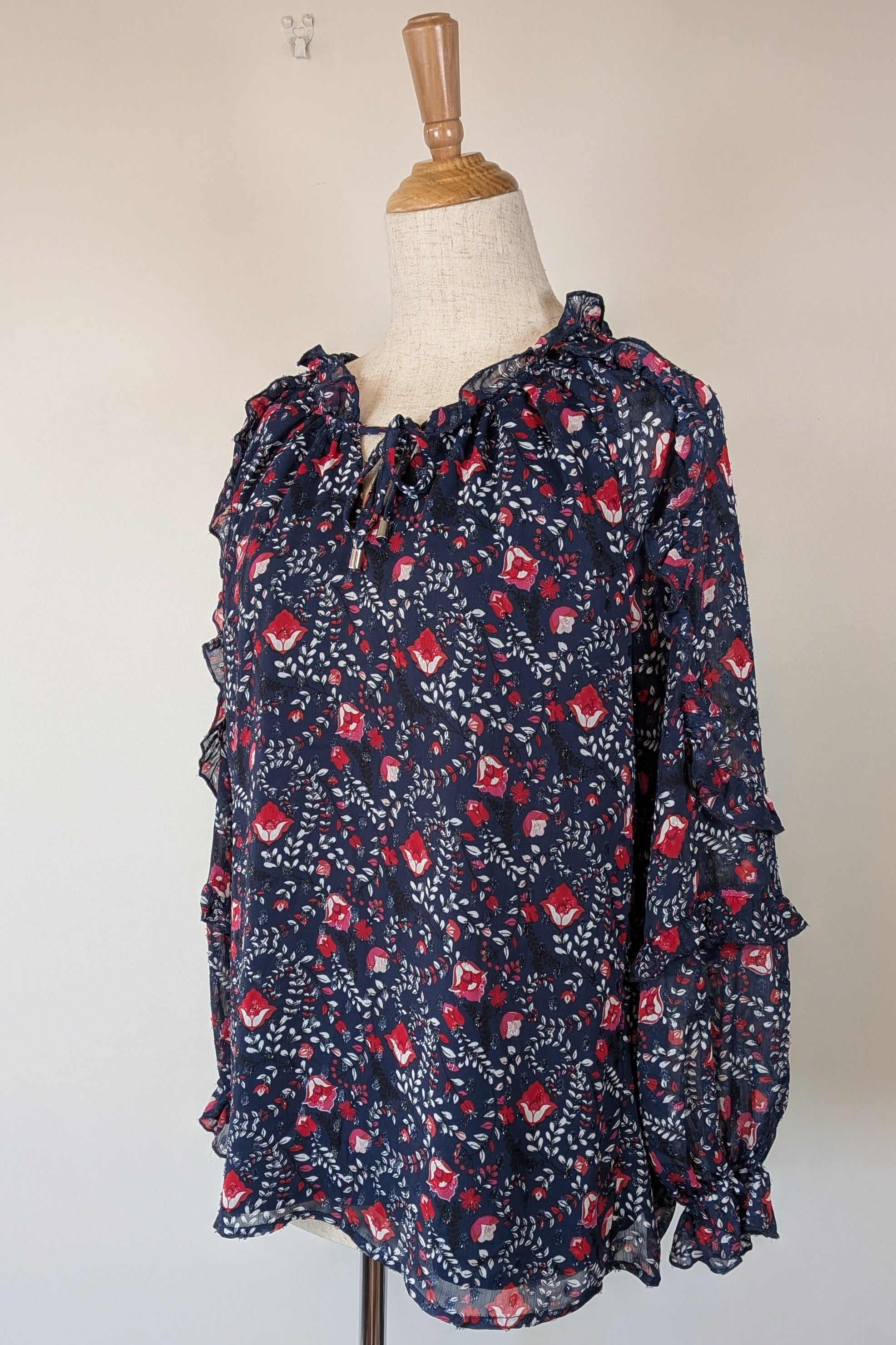 Liz Jordan Frill Trim Lurex Printed Top in Midnight Size 8 Brand New With Tags RRP $139.99