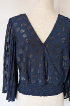 Wayne Cooper Navy Black Polka Dot Pleated Fan Sleeve Wrap Top Size 10