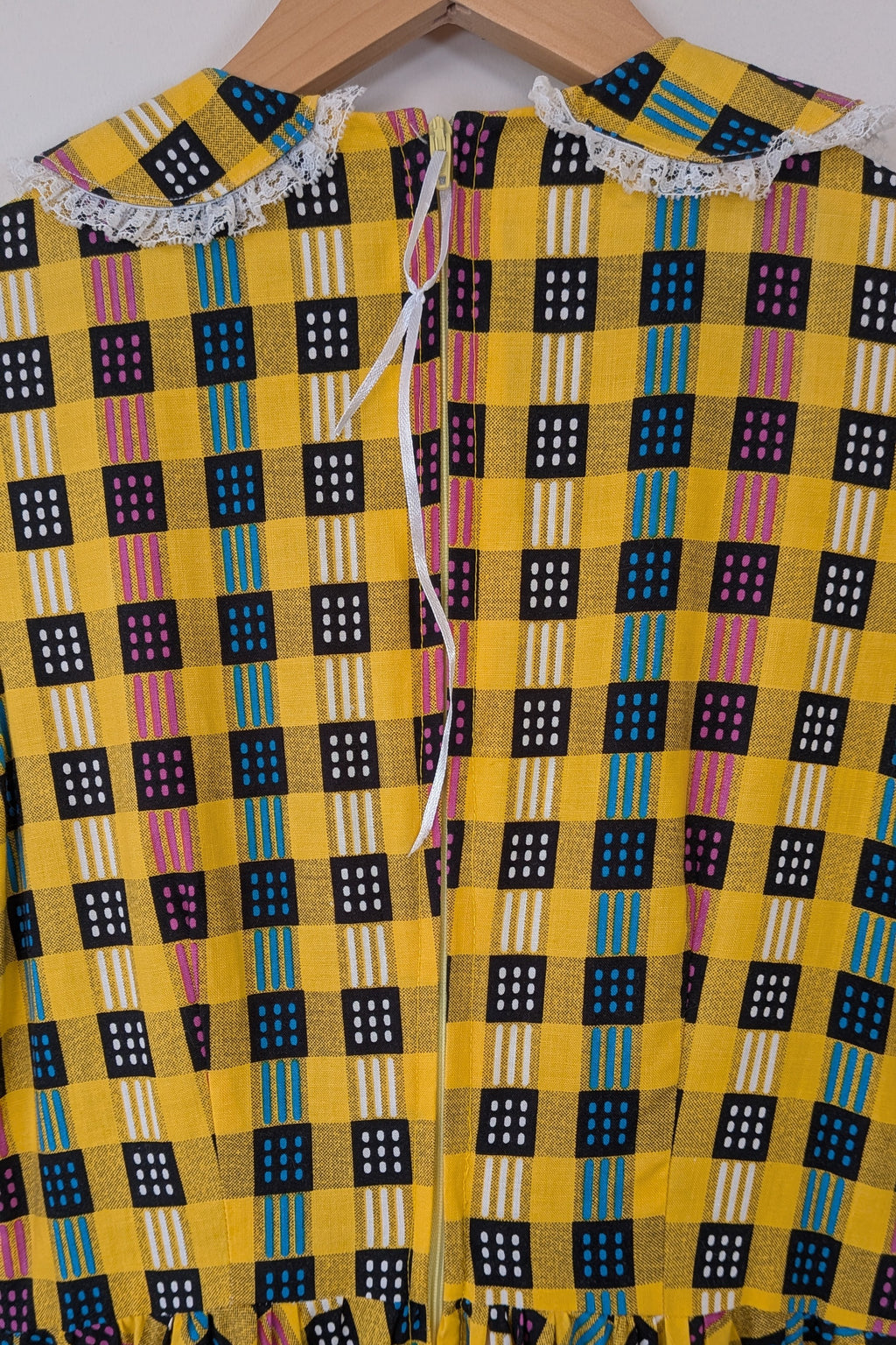 Vintage 70s Handmade Yellow Plaid Fit and Flare Midi Dress Size 4