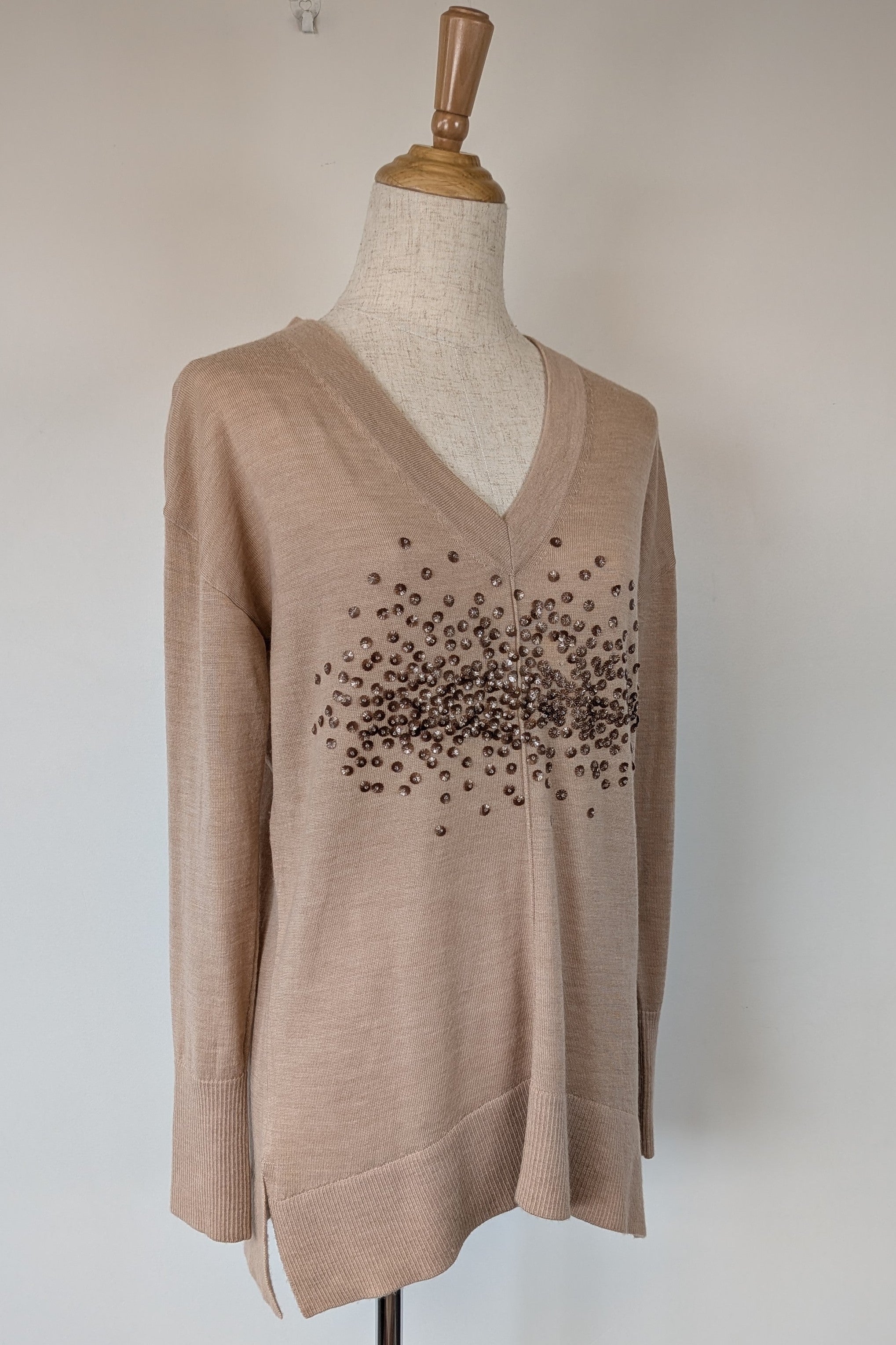 Witchery 100% Merino Wool Champagne Sequin Bead Detail Jumper Size XS