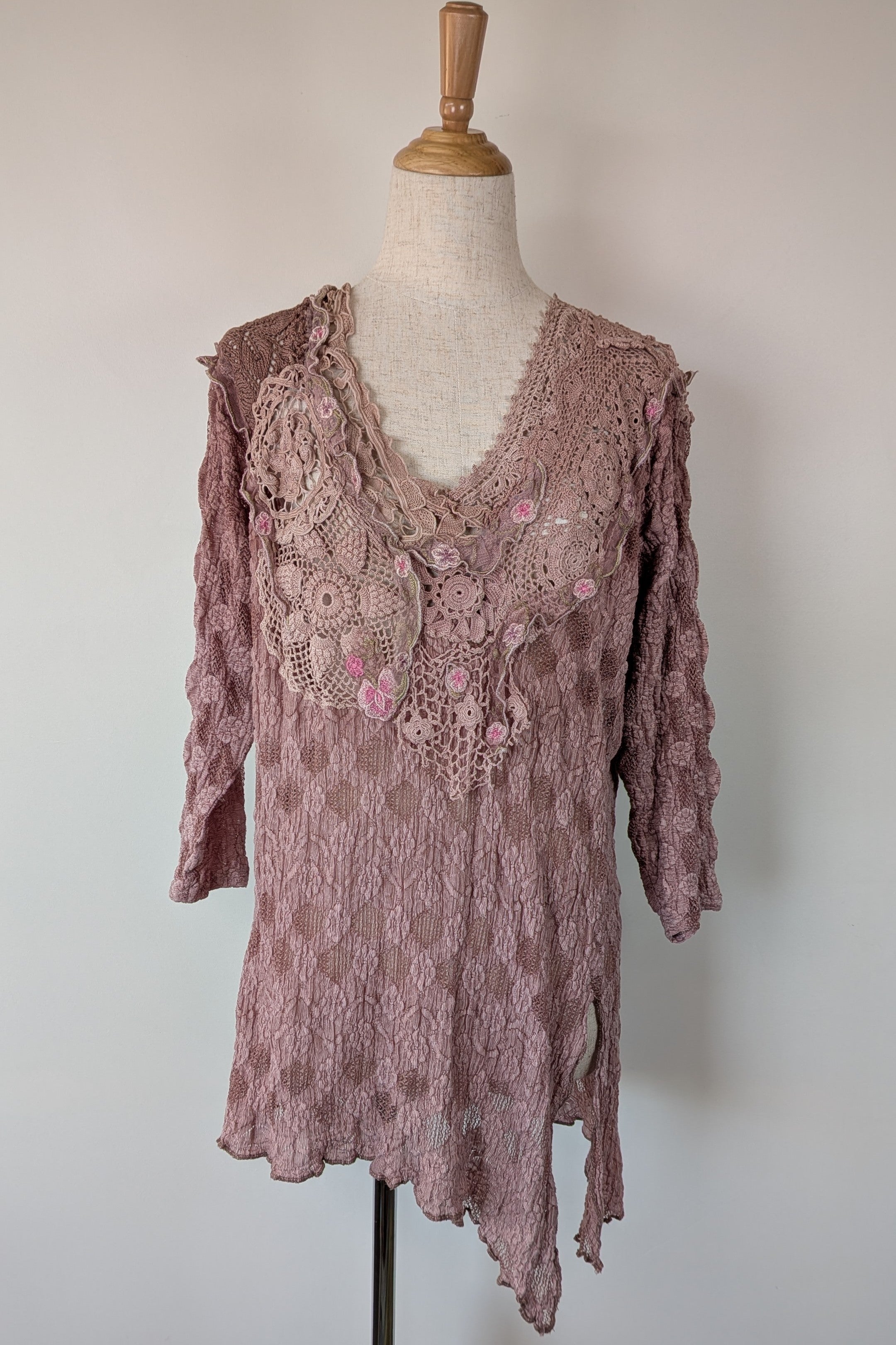 Lace Palace Antique Lace Crochet Pink Fairycore Tunic Top Size S/M