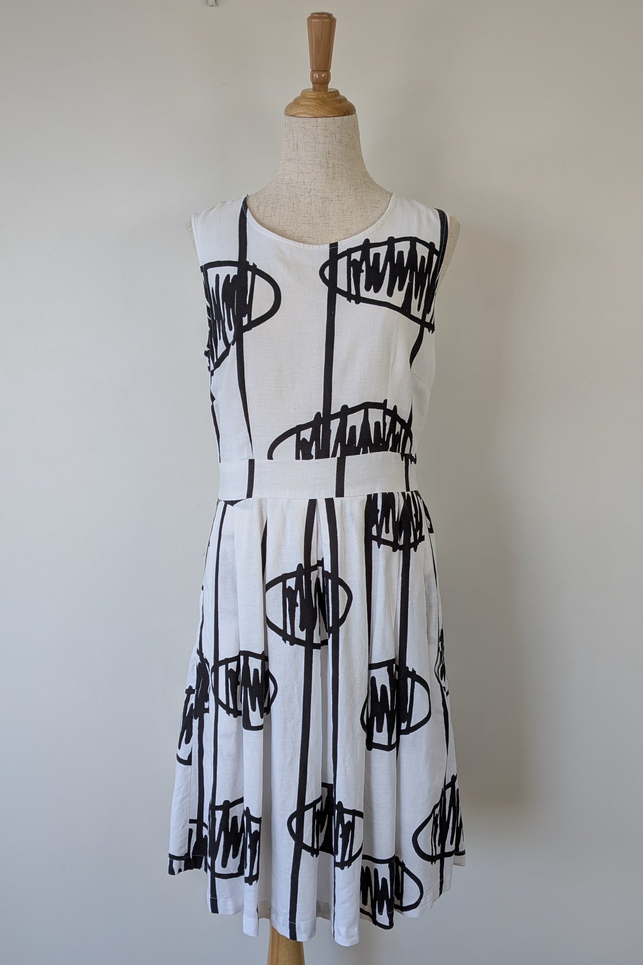 Orientique Black White Arty Linen Cotton Dress Size 10