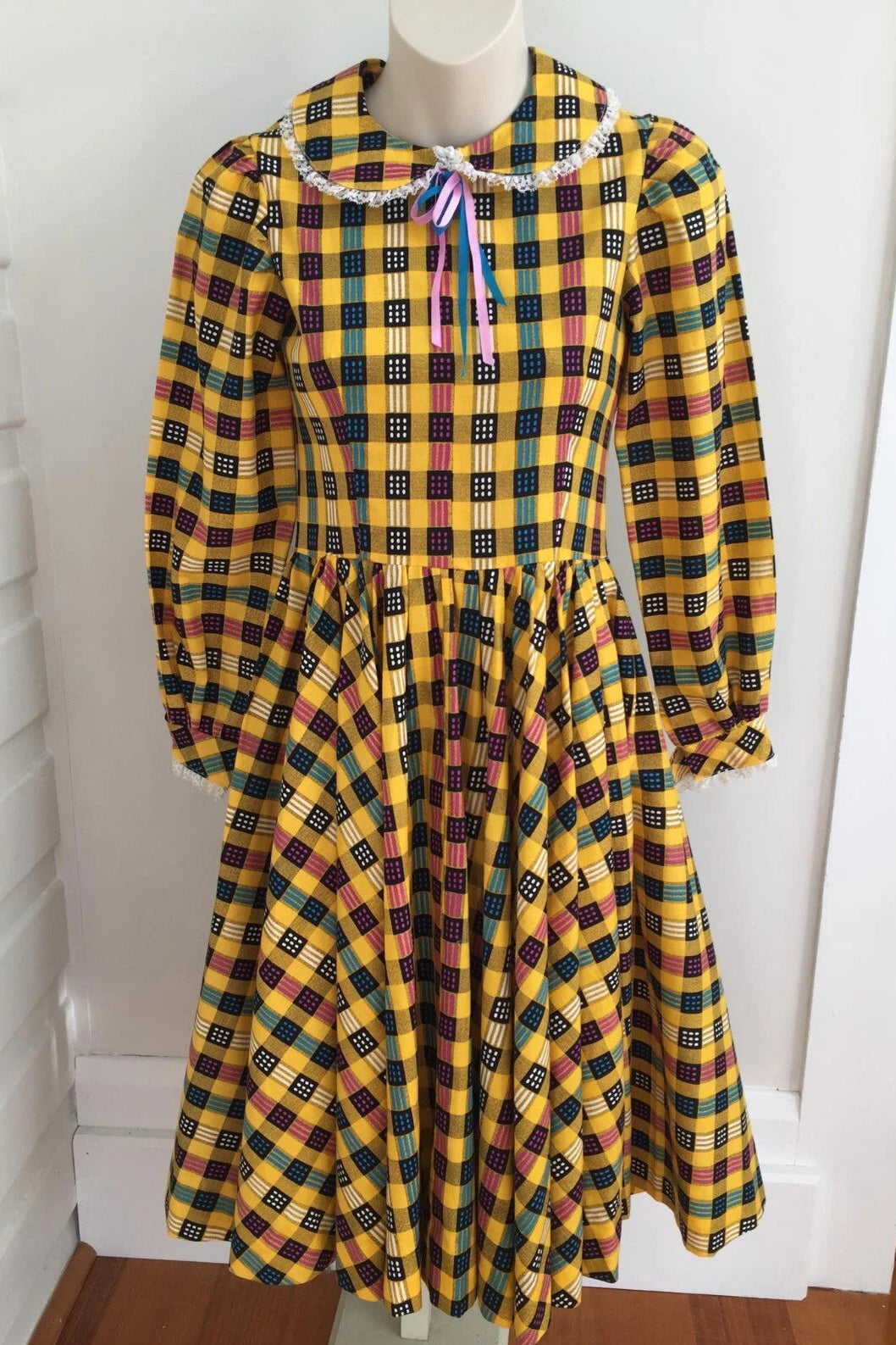 Vintage 70s Handmade Yellow Plaid Fit and Flare Midi Dress Size 4