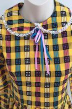 Vintage 70s Handmade Yellow Plaid Fit and Flare Midi Dress Size 4