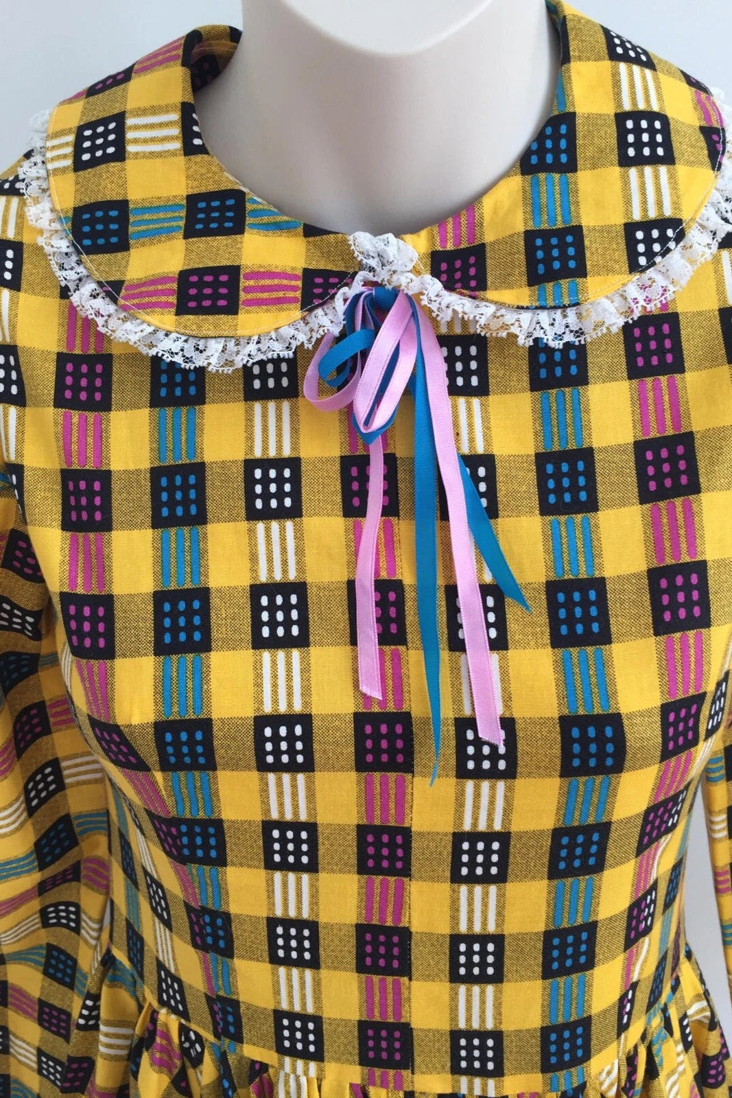 Vintage 70s Handmade Yellow Plaid Fit and Flare Midi Dress Size 4