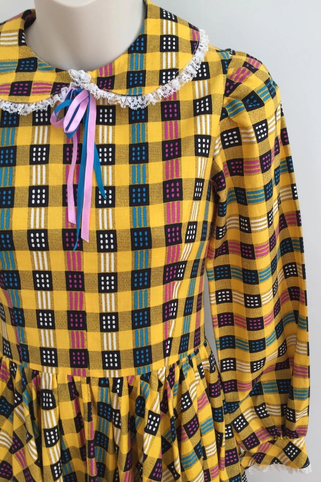 Vintage 70s Handmade Yellow Plaid Fit and Flare Midi Dress Size 4